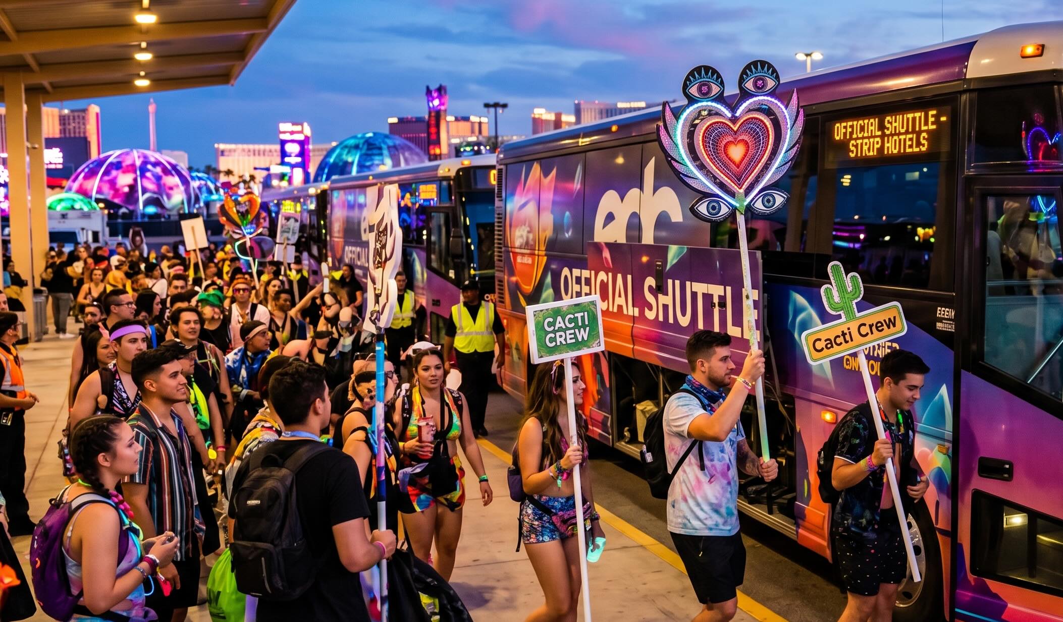 Official EDC Las Vegas shuttle bus from the Strip